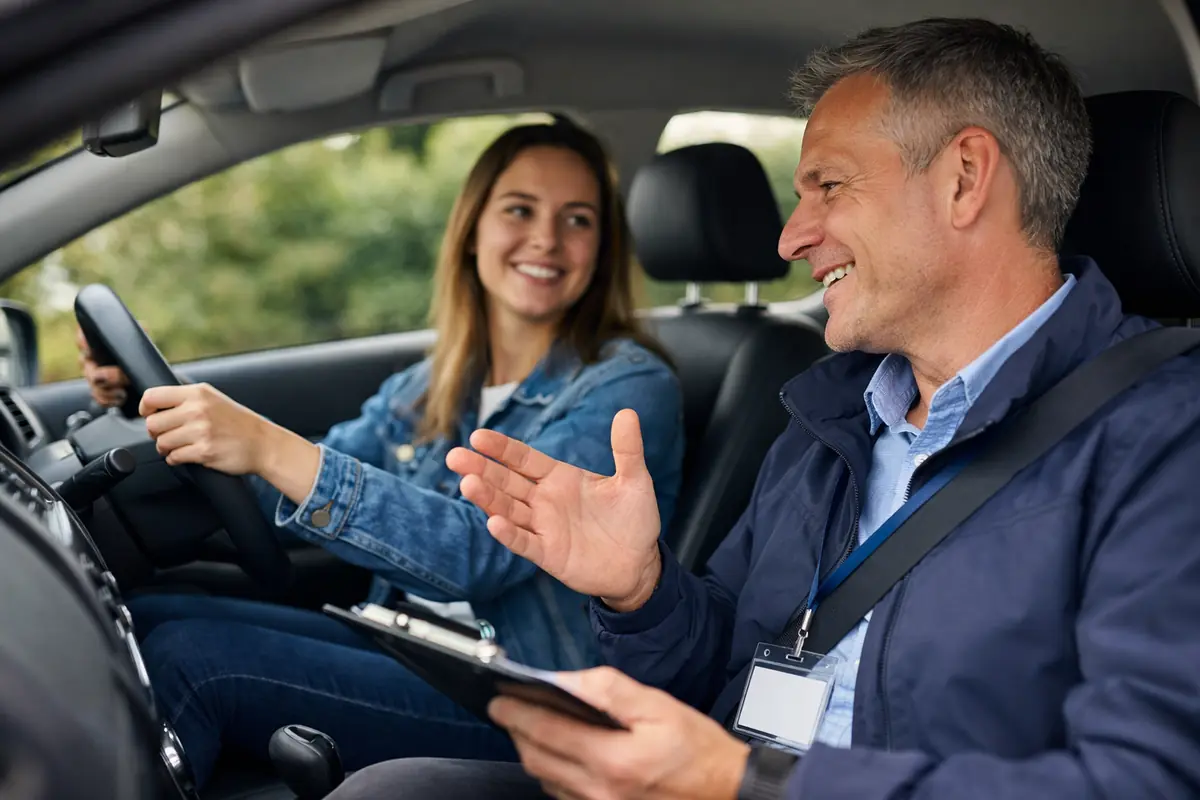 Driving instructor giving a lesson to a female learner in a right-hand-drive car